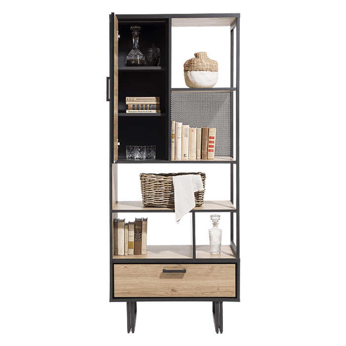 Avalon, Boekenkast 80 Cm - 1-Deur + 1-Lade + 5-Niches - Natural