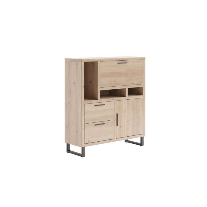 Pavie, Highboard 125 Cm - 1-Deur + 2-Laden + 1-Klep + 3-Niches (+ LED) - Natural