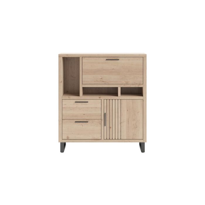 Pavie, Highboard 125 Cm - 1-Deur + 2-Laden + 1-Klep + 3-Niches (+ LED) - Natural