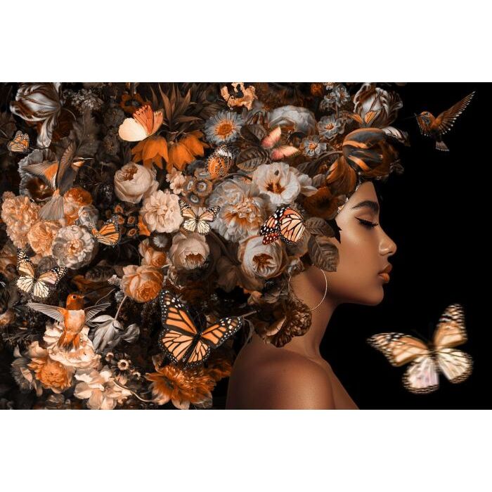 Glasschilderij Women Butterfly Flowers