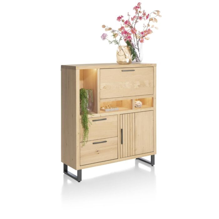 Pavie, Highboard 125 Cm - 1-Deur + 2-Laden + 1-Klep + 3-Niches (+ LED) - Natural