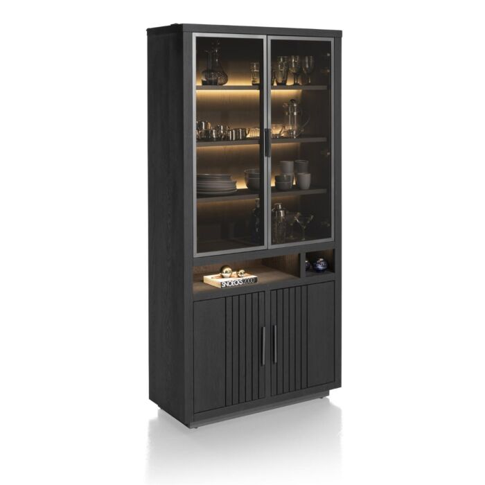 Pavie, Vitrine 100 Cm - 2-Glasdeuren + 2-Deuren + 2-Niches (+ LED) - Castle Black