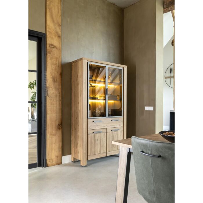Delmonte, Vitrine 110 Cm - 2-Glasdeuren + 2-Deuren + 1-Lade (+ LED)