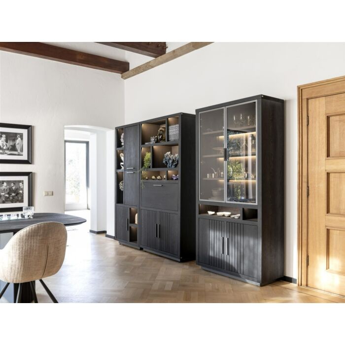 Pavie, Vitrine 100 Cm - 2-Glasdeuren + 2-Deuren + 2-Niches (+ LED) - Castle Black