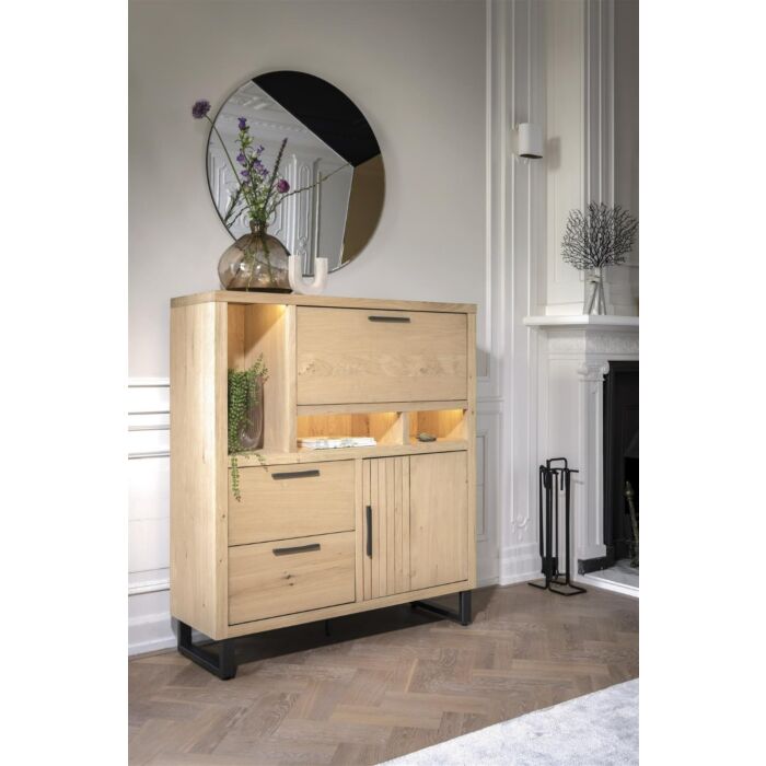 Pavie, Highboard 125 Cm - 1-Deur + 2-Laden + 1-Klep + 3-Niches (+ LED) - Natural
