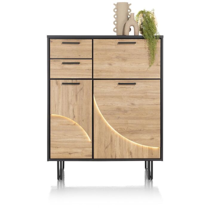 Avalon, Highboard 120 Cm - 2-Deuren + 2-Laden + 1-Klep (+ LED) - Natural