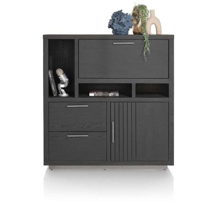 Pavie, Highboard 125 Cm - 1-Deur + 2-Laden + 1-Klep + 3-Niches (+ LED) - Castle Black