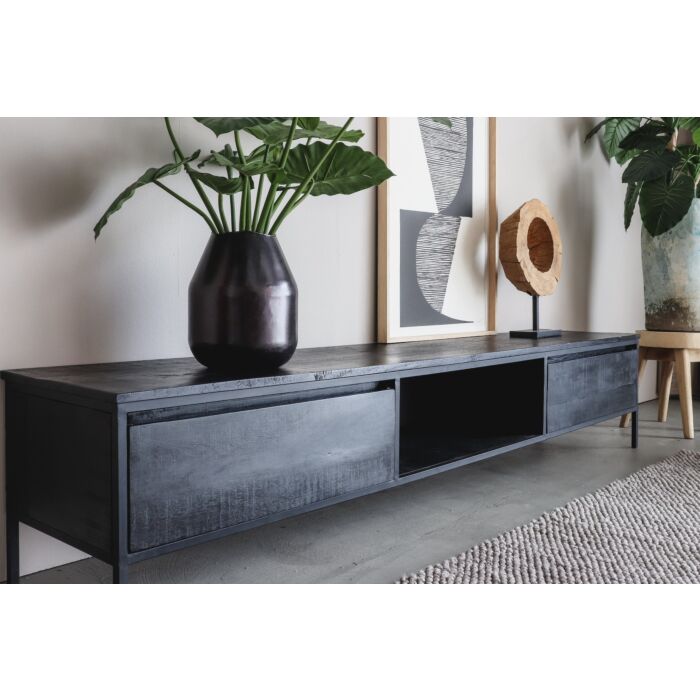 TV-meubel York Industrieel Hout Zwart 240cm